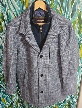 Johnston & Murphy Upton Navy and Gray Plaid Wool Pea Coat - Size L